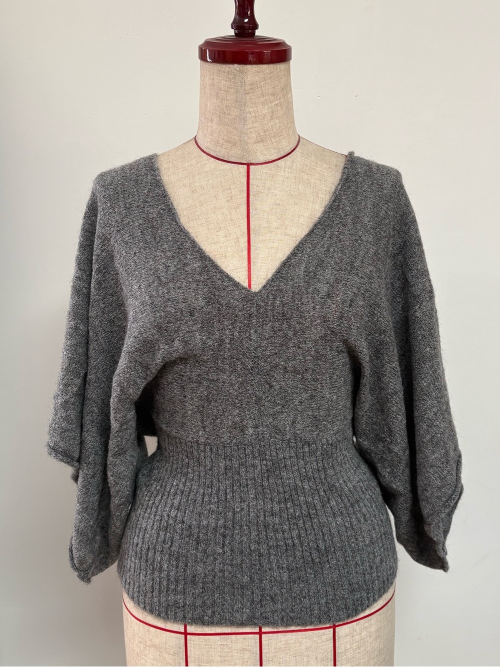 Gray V-Neck Ribbed Waist Sweater